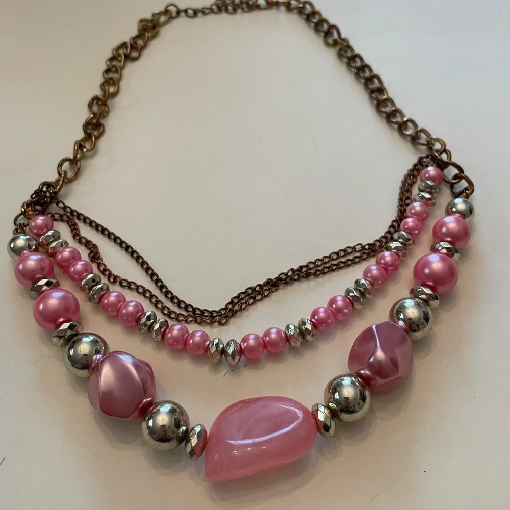 Pink and Silver Beaded Necklace